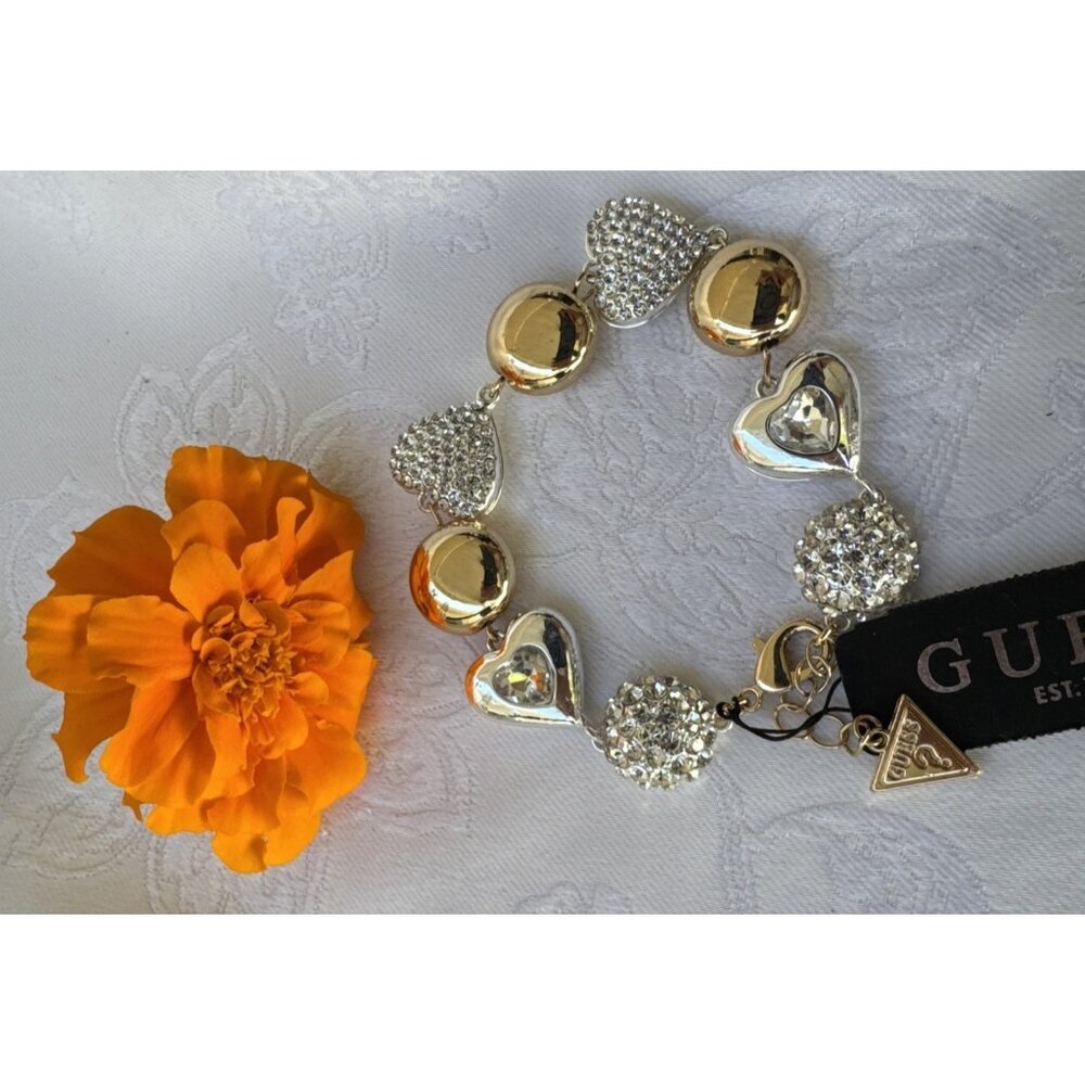 New Guess Gold Silver Crystal Hearts Charms Adjustable Bracelet Womens Gift NWT